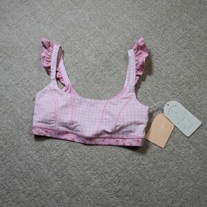 Blogilates Pink Gingham Ruffle Corset Bra Floral Sports Bra Small NWT